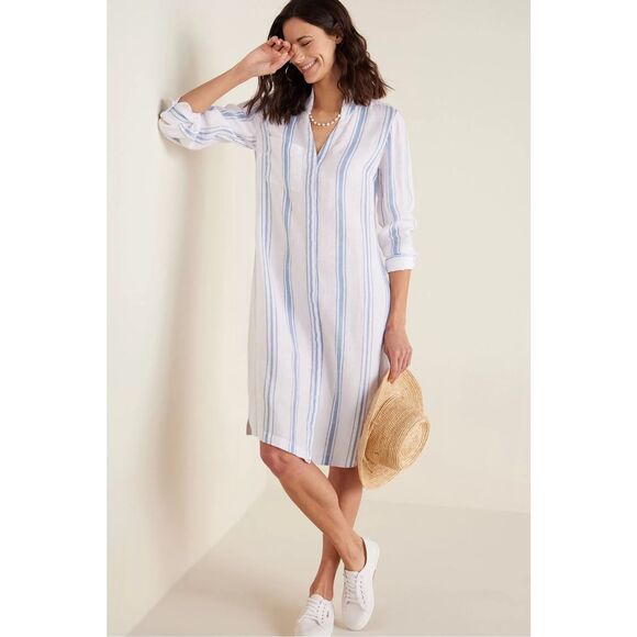 Soft Surroundings Dresses & Skirts - Soft Surroundings Womens Blue White Striped Adalia Linen Shirt Dress Size Medium